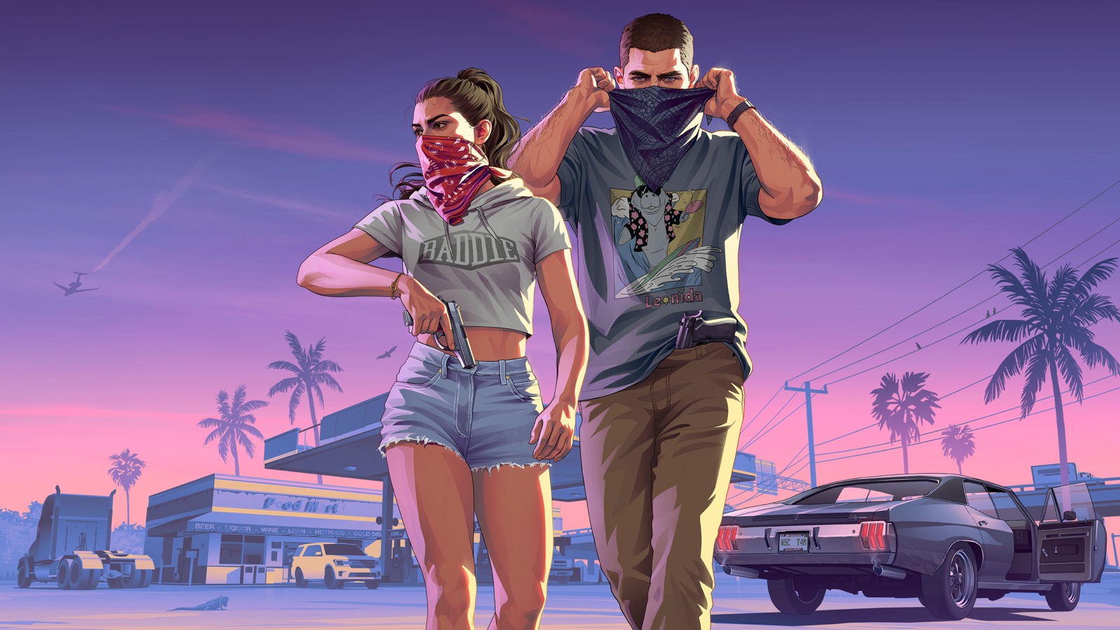 Illustration of Jason and Lucia walking away from a gas station at sunset, Jason pulling a bandana over his face