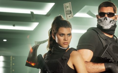 Jason and Lucia in tactical gear inside a building, Jason wearing a skull mask