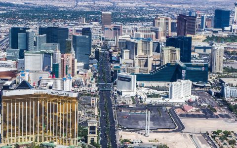 Aerial view of the Las Vegas Strip with Mandalay Bay in the foreground