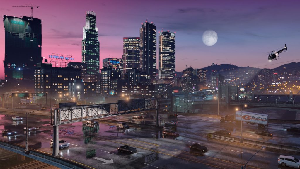 The Los Santos skyline at dusk in Grand Theft Auto V