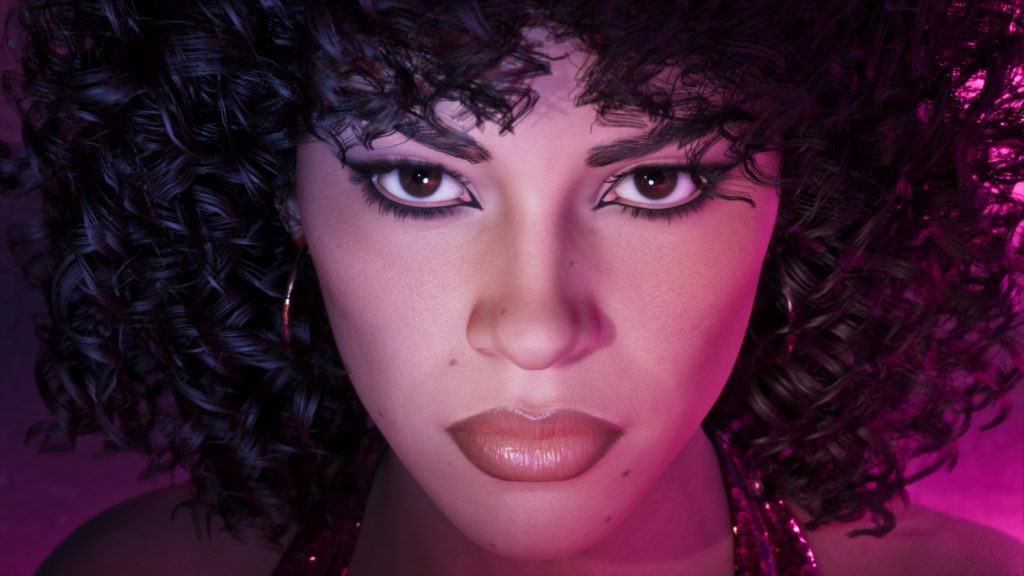Close-up of Lucia, with curly dark hair and hoop earrings, under pink light