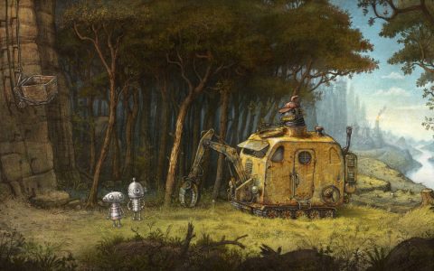 Two small robots stand beside a rusty yellow vehicle in a hand-drawn forest in Machinarium 2