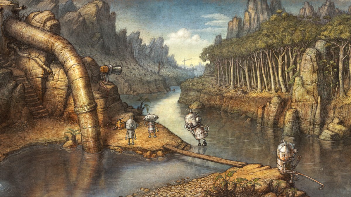 Robots by a river among rocky cliffs and pipes in the hidden valley of Machinarium 2