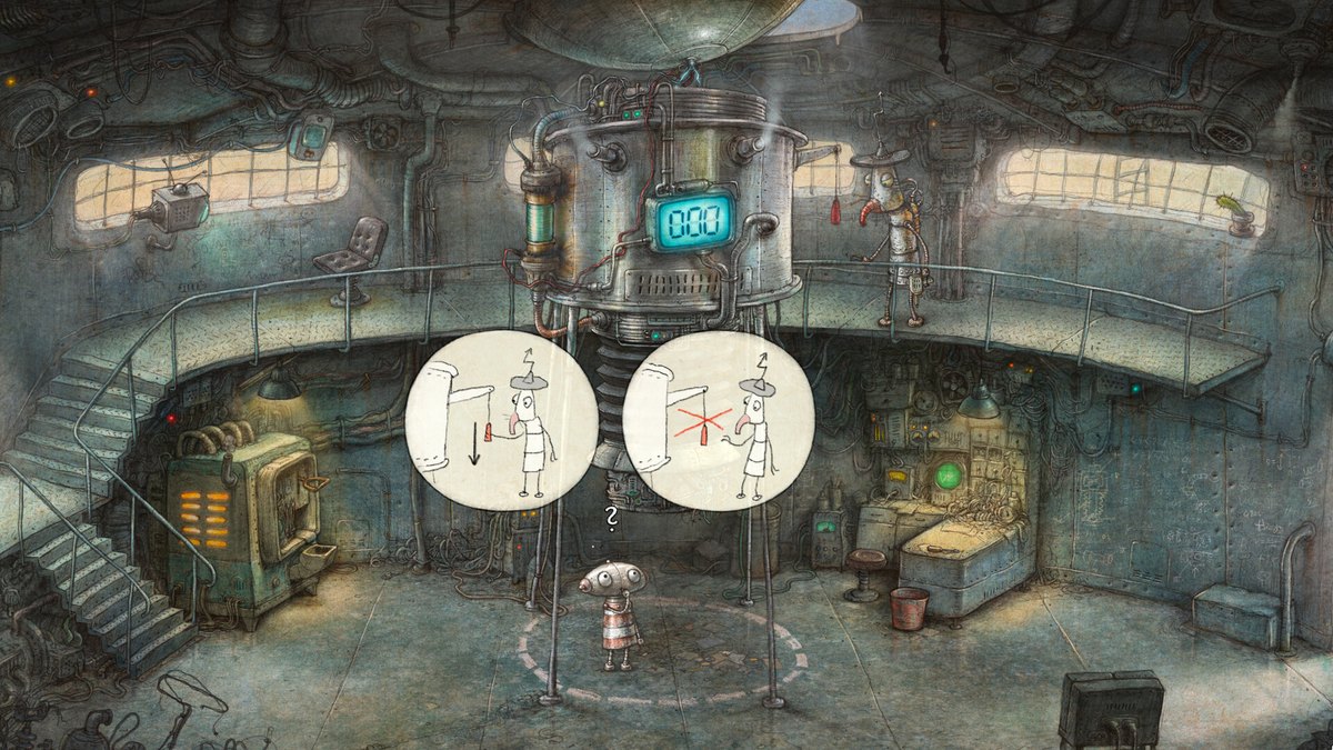 Robots in a machine room in Machinarium 2 communicate through drawn thought bubbles
