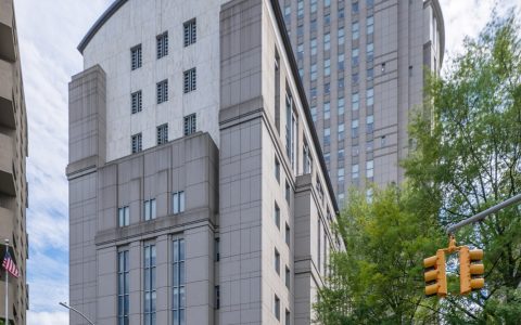 The Daniel Patrick Moynihan U.S. Courthouse in Manhattan seen from the street in 2026