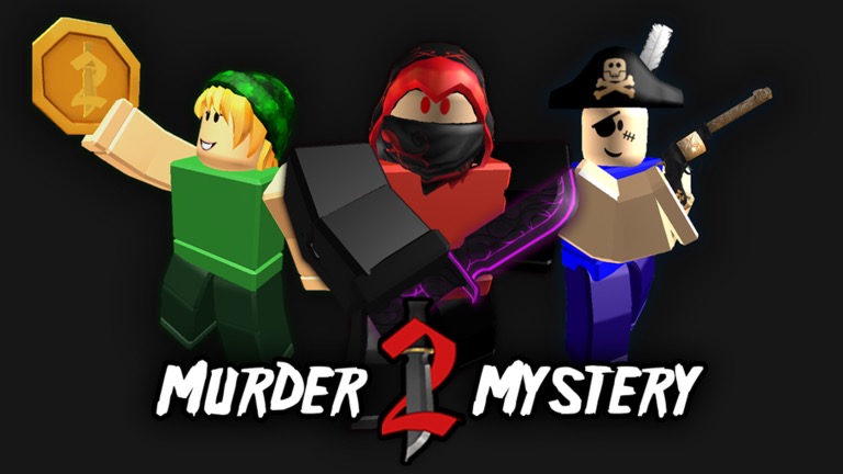 Three Murder Mystery 2 characters holding a gold coin, a purple knife and a pistol