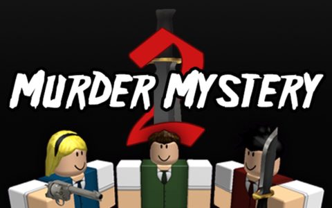 Three Roblox characters under the Murder Mystery 2 logo, one holding a revolver and one holding a knife