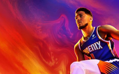 Devin Booker in a purple Phoenix Suns jersey crouching with a basketball against an orange and purple sky