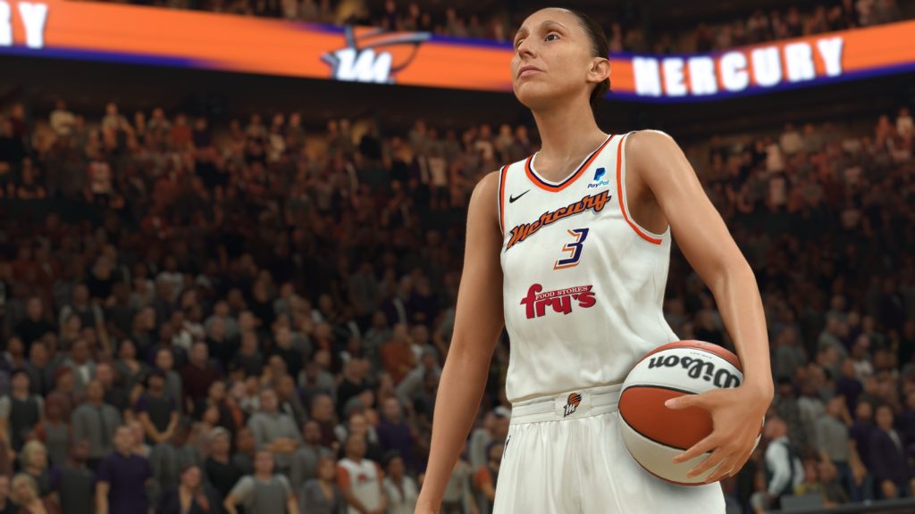 Diana Taurasi in a white Phoenix Mercury No. 3 jersey holding a basketball in an arena in NBA 2K23