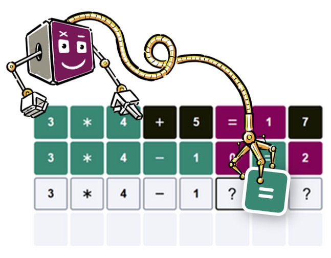 A classic Nerdle board with green, purple and black tiles on two guessed calculations and a third guess in progress