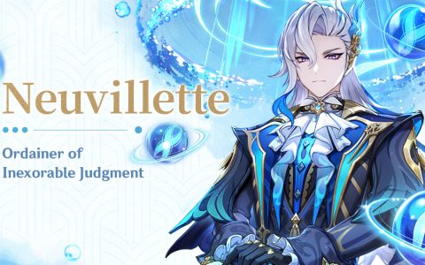Official artwork of Neuvillette, a white-haired man in a dark blue coat, surrounded by water orbs
