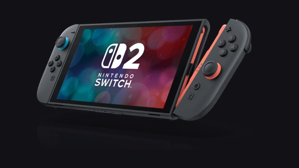 Nintendo Switch 2 console in handheld mode with a Joy-Con 2 controller attached, Switch 2 logo on screen