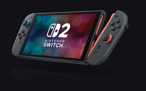 Nintendo Switch 2 console in handheld mode with a Joy-Con 2 controller attached, Switch 2 logo on screen