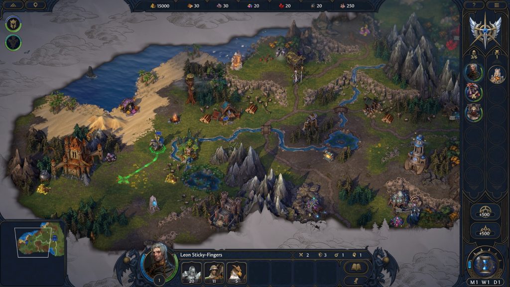 The adventure map in Olden Era, with mountains, forests, rivers and a hero party on the move