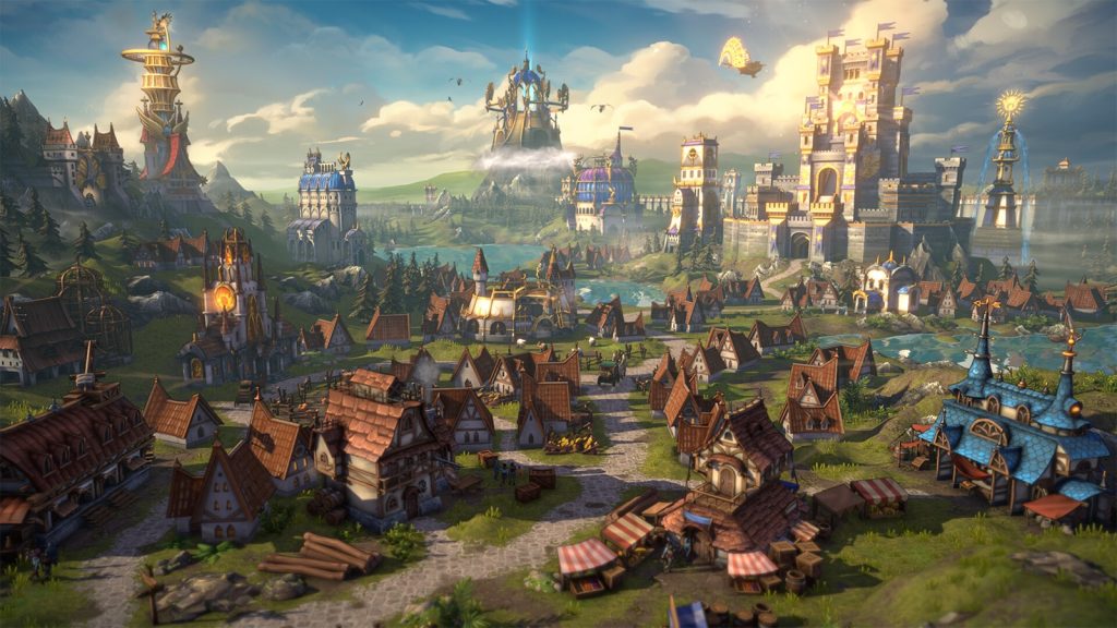 A fantasy town with towers, a castle and timber houses beside a lake