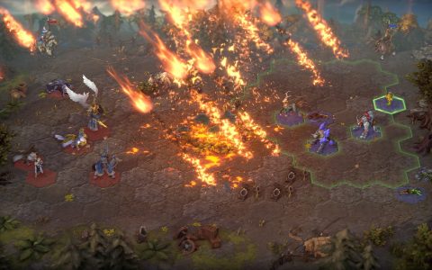 A turn-based battle on a hex grid as flaming meteors rain down on the armies