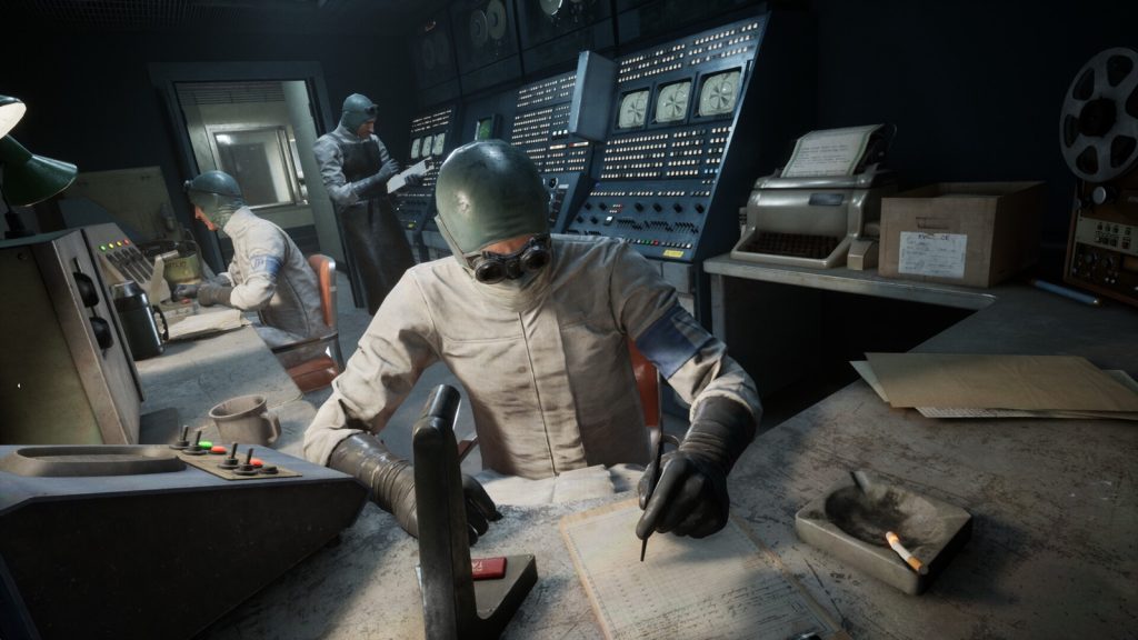 Masked staff in white uniforms work at 1950s-style control panels and typewriters