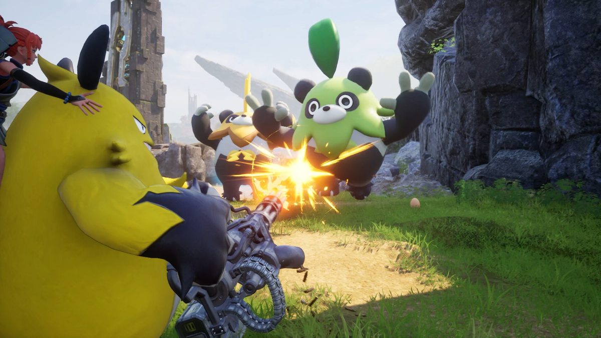 Palworld Pals fighting in a grassy area with an explosion in the middle