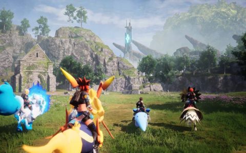 A Palworld player and several Pals crossing a grassy field near stone ruins