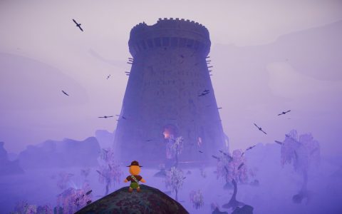 A small climber standing on a ledge looking at a tall stone tower in purple fog in Peak