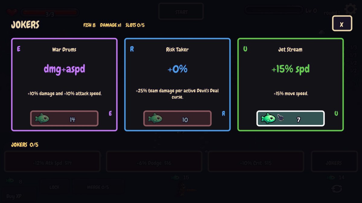 Penguin Fury Joker shop showing War Drums, Risk Taker and Jet Stream relics priced in fish