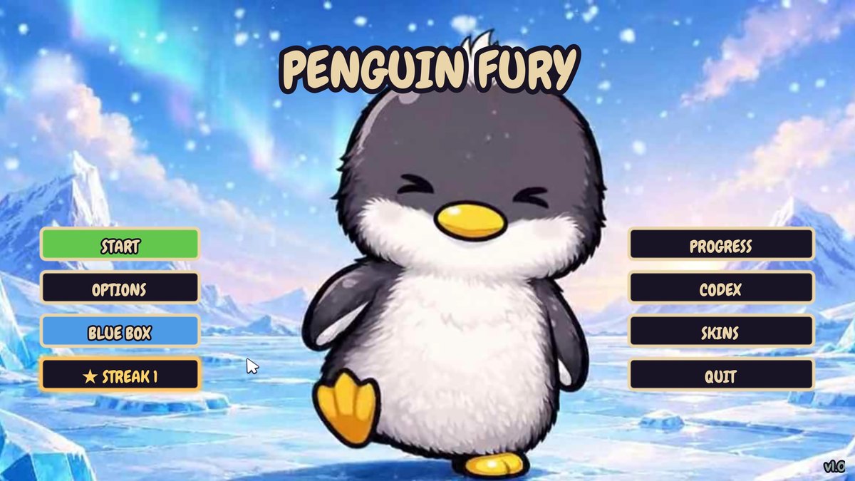 Penguin Fury main menu with Start, Options, Blue Box, Streak, Progress, Codex and Skins buttons