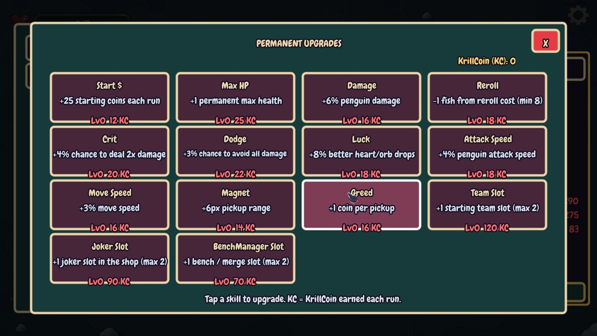 Penguin Fury permanent upgrades menu with KrillCoin costs for health, damage, luck and Joker slots