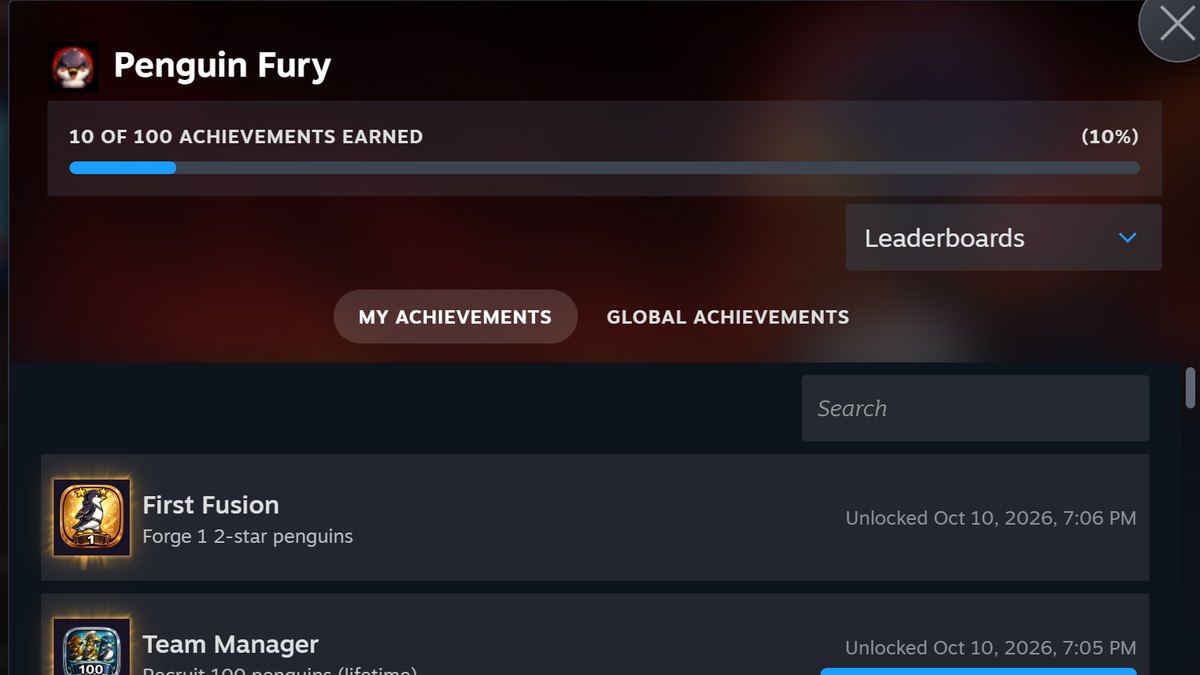 Steam achievements for Penguin Fury showing 10 of 100 earned, including First Fusion and Team Manager unlocked Oct. 10, 2026