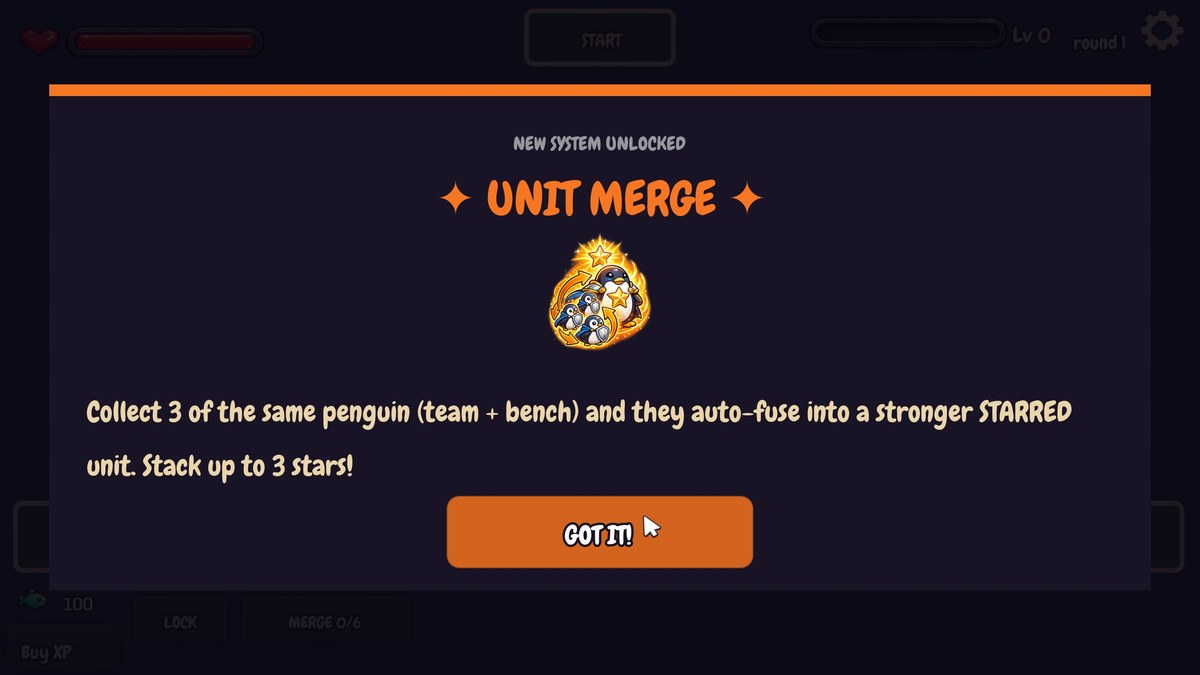 Penguin Fury Unit Merge card explaining that three matching penguins fuse into a starred unit