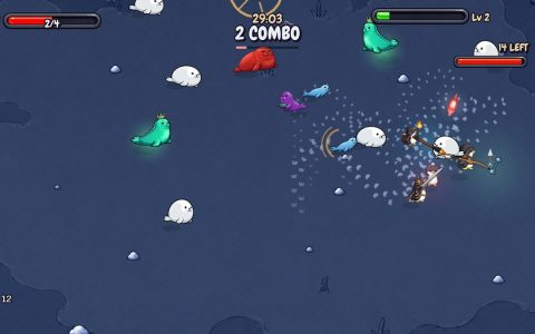 A squad of armed penguins fighting seals in an icy arena in Penguin Fury