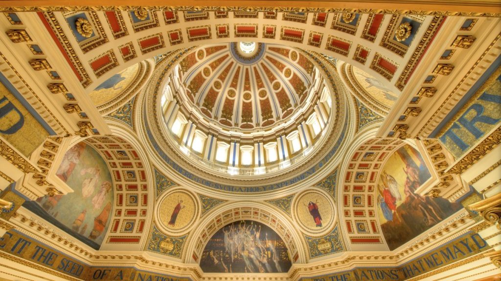 The painted dome and murals of the rotunda inside the Pennsylvania State Capitol
