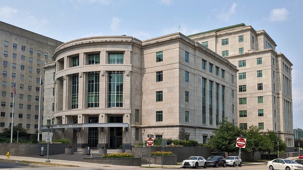 The Pennsylvania Judicial Center, a curved stone building in Harrisburg