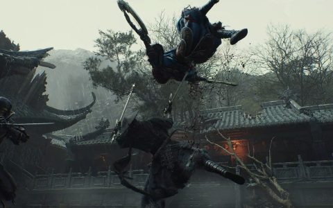 Phantom Blade Zero gameplay showing a fighter leaping through the air above enemies in a temple courtyard
