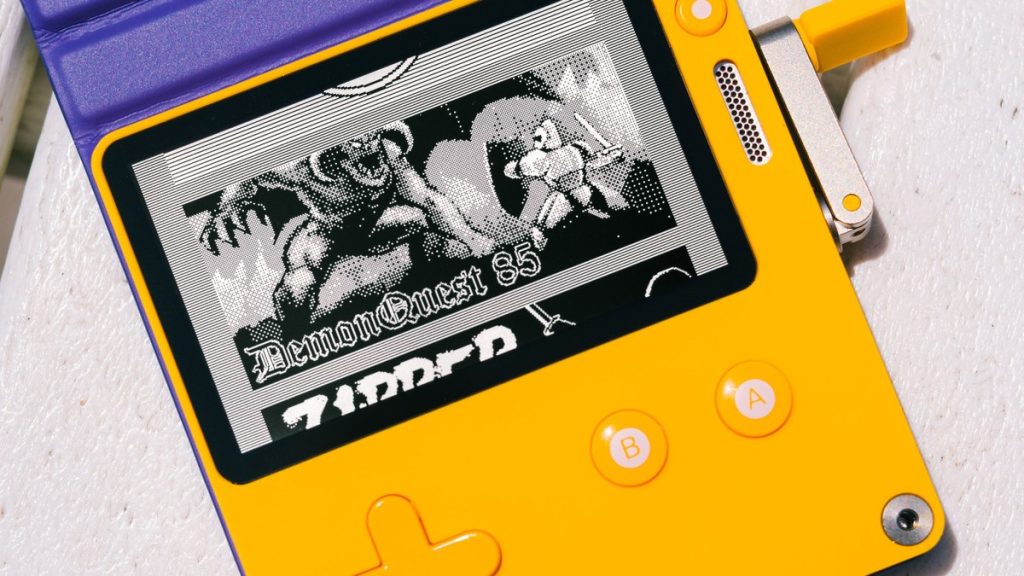 Close-up of a Playdate screen showing a black-and-white game