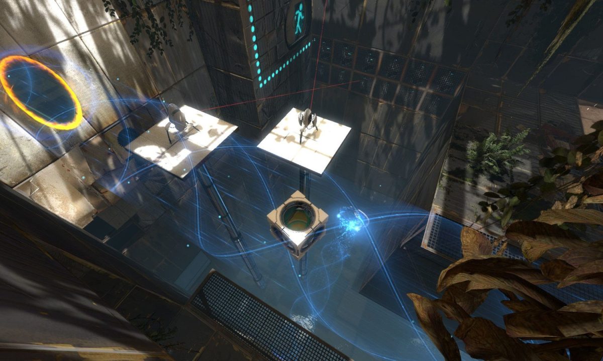 A Portal 2 test chamber with an orange portal