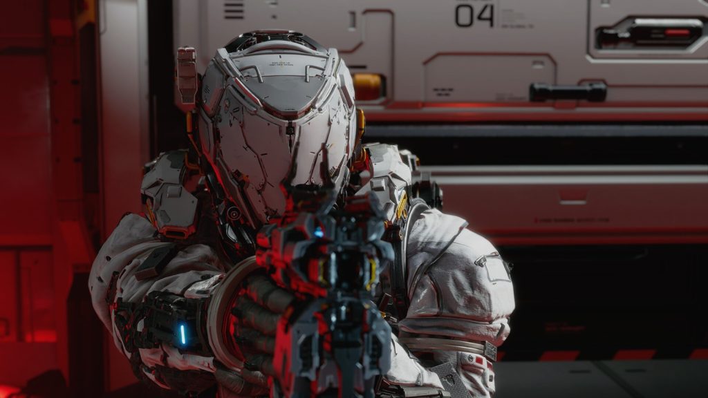 Hugh in a white spacesuit and helmet aiming a pistol in a red-lit corridor