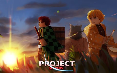 Three sword-carrying characters watching a sunset over a field, above the Project Slayers logo