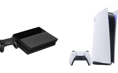 A PlayStation 4 console next to a PlayStation 5 console