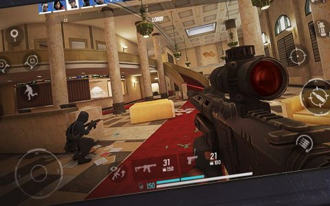 First-person Rainbow Six Mobile gameplay with a scoped rifle in a bank lobby, showing touch controls