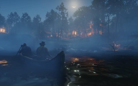Two men paddle a canoe across a misty lake at night toward a lit camp in Red Dead Redemption 2