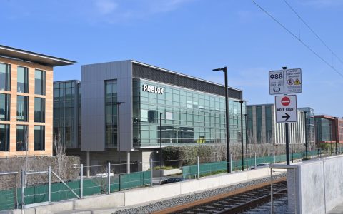 The Roblox office building in San Mateo, California, seen from the Caltrain station