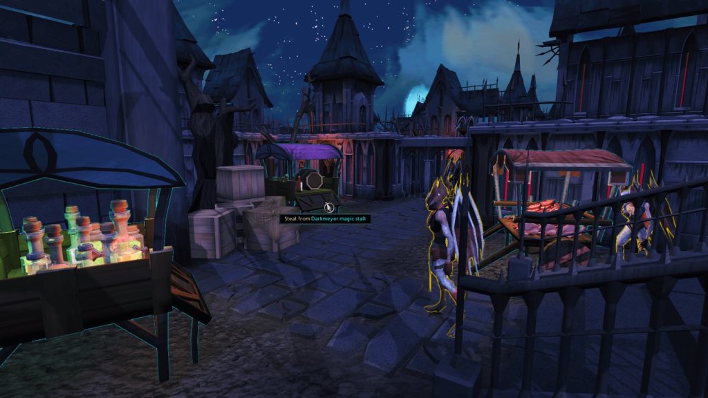 Market stalls selling potions and goods on a dark RuneScape street at night
