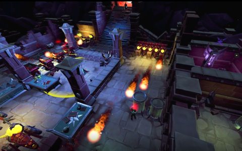 Overhead view of a RuneScape heist area, a stone storehouse with cannons firing across its floor