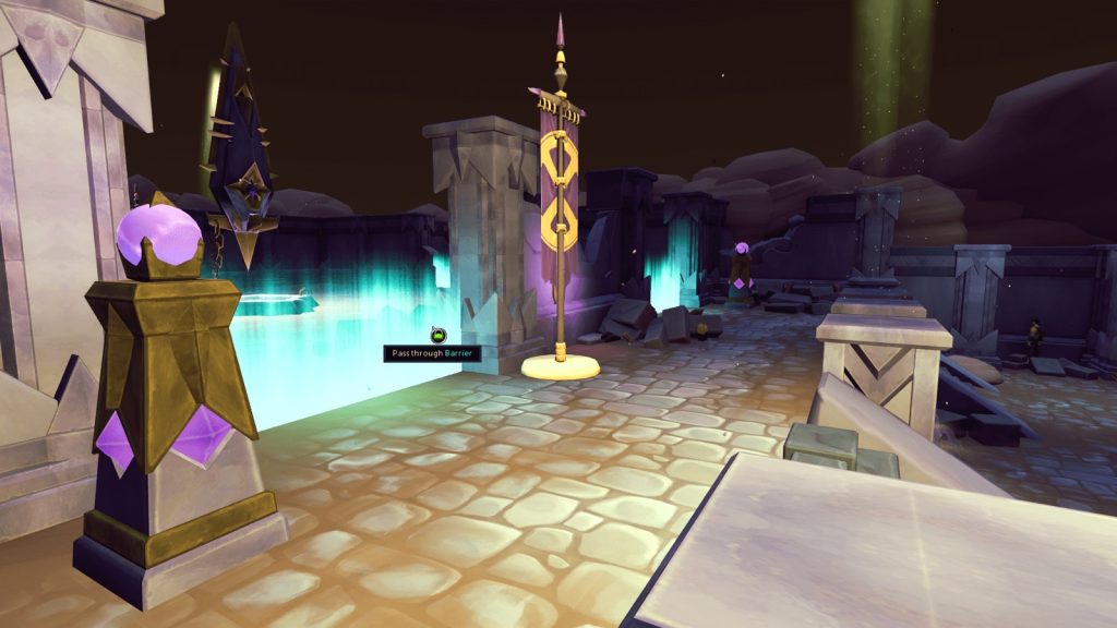 Inside the Vault of Hereditas in RuneScape, with a crystal pillar, a banner and glowing water