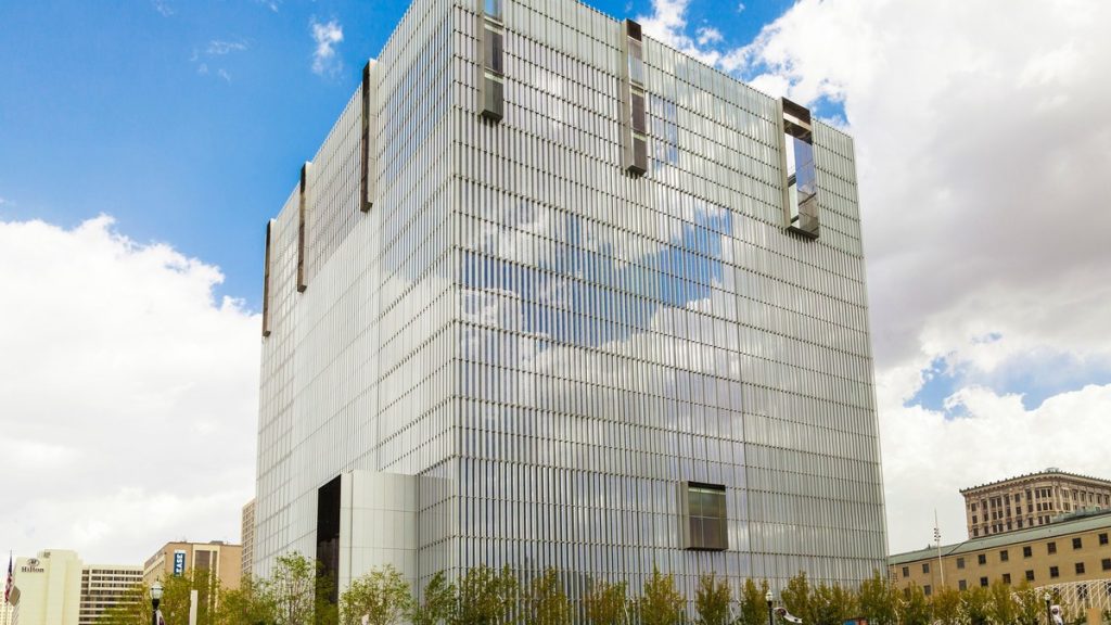 The glass-walled Orrin G. Hatch United States Courthouse in Salt Lake City