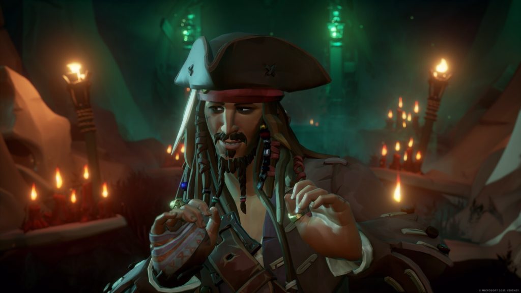 Captain Jack Sparrow in a candle-lit cave