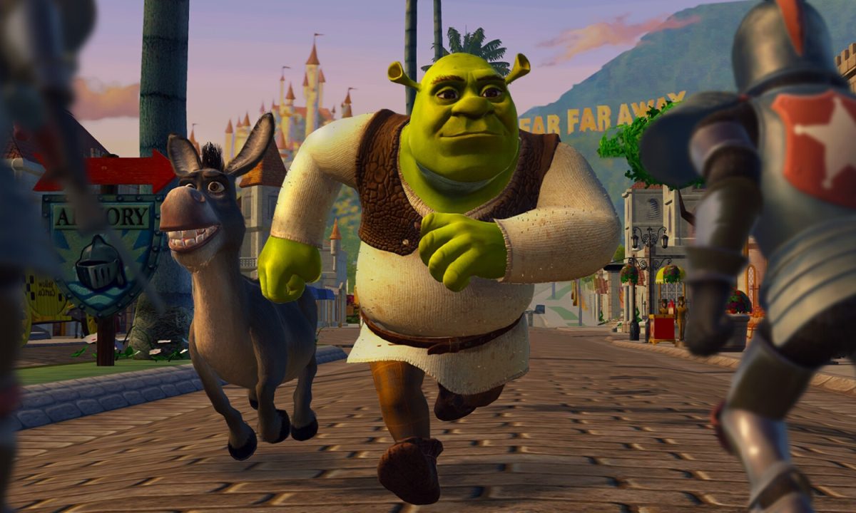 Shrek and Donkey run down a street in Far Far Away toward an armored knight in Shrek 2 Remastered