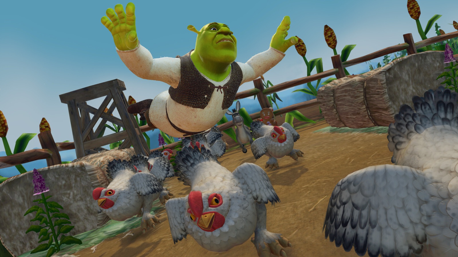 Shrek leaps through a farmyard full of chickens while Donkey and Gingy watch in Shrek 2 Remastered