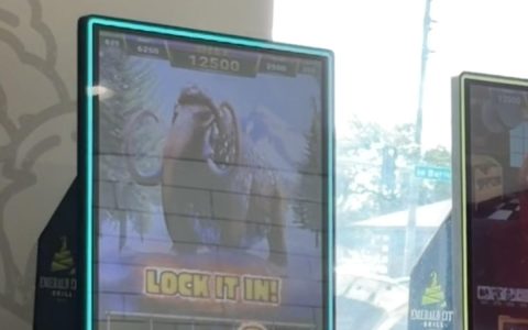 Skill game machines with lit screens inside a gas station store