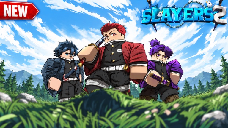 Three Roblox swordsmen in dark uniforms standing in a grassy field under the Slayers 2 logo